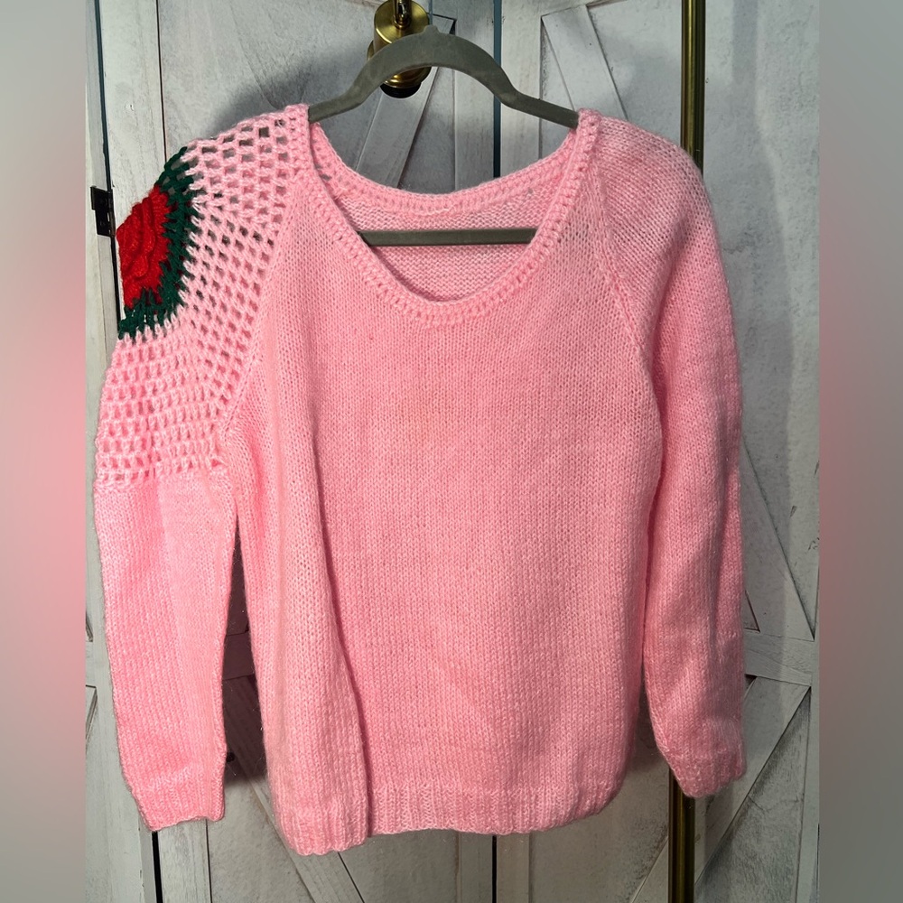 Pink Knit Sweater with Floral Detail